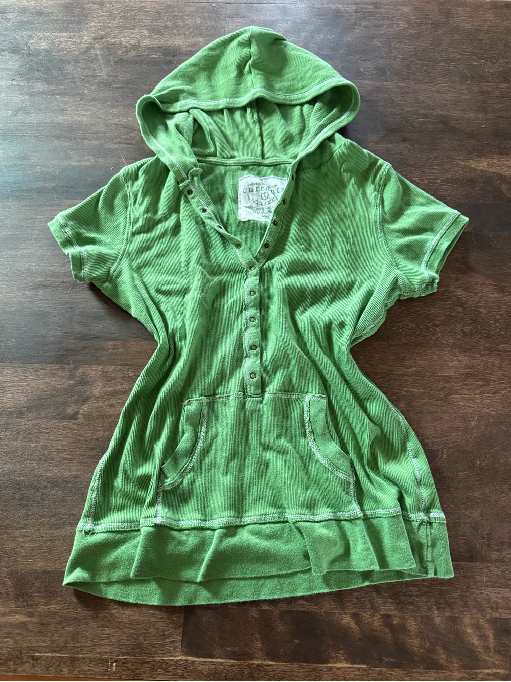 Green Y2K Henley Short-Sleeve Hooded  Top